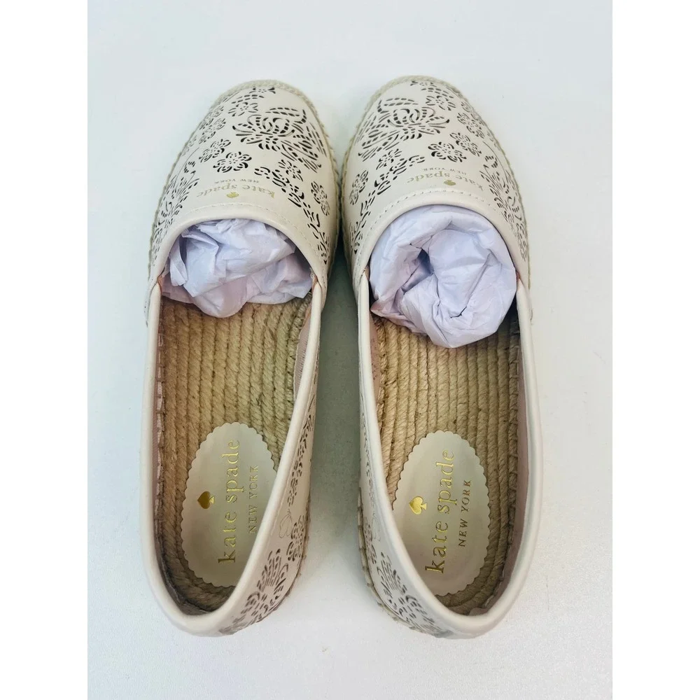 Kate Spade Gwen‎ Floral Flutter Espadrille Flats Parchment Leather Womens 8B